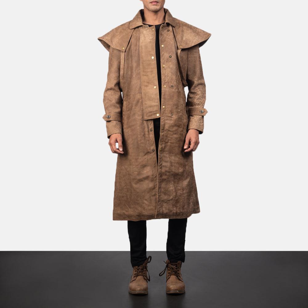 Brown Sheepskin Leather Trench Duster Coat Mens - Leather Loom