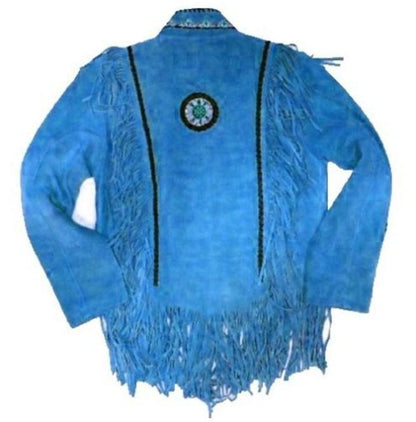 Western Suede Jacket, Men's Wear Fringes Beads Blue Color Jacket - Leather Loom