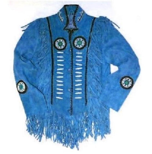Western Suede Jacket, Men's Wear Fringes Beads Blue Color Jacket - Leather Loom