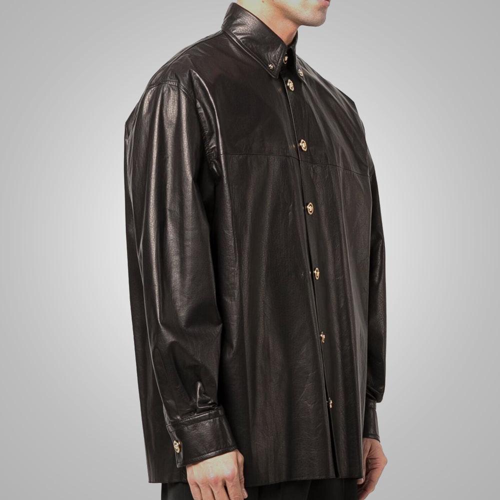 Custom Full Sleeves Black Leather Shirt - Leather Loom