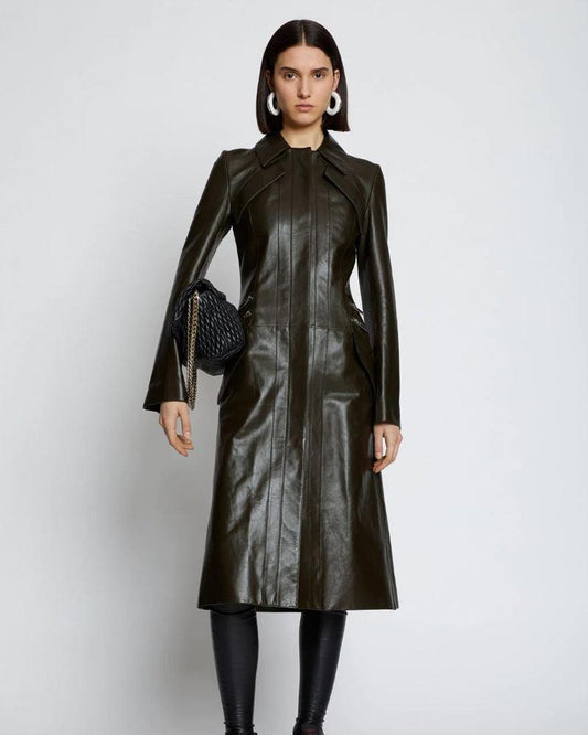 Dark Green Slim Fit Leather Long Trench Coat - Leather Loom