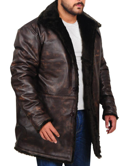 Men Distressed Brown Fur Collar Jacket - Leather Loom