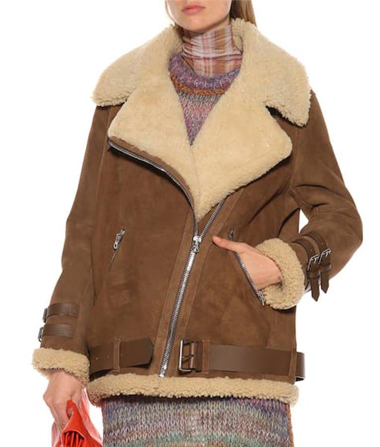 Hailey Baldwin Velocite Shearling Brown Jacket - Leather Loom