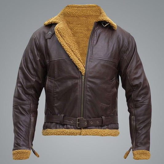 B3 Men Flying Aviator Winter Sheepskin Shearling Bomber Leather Jacket - Leather Loom