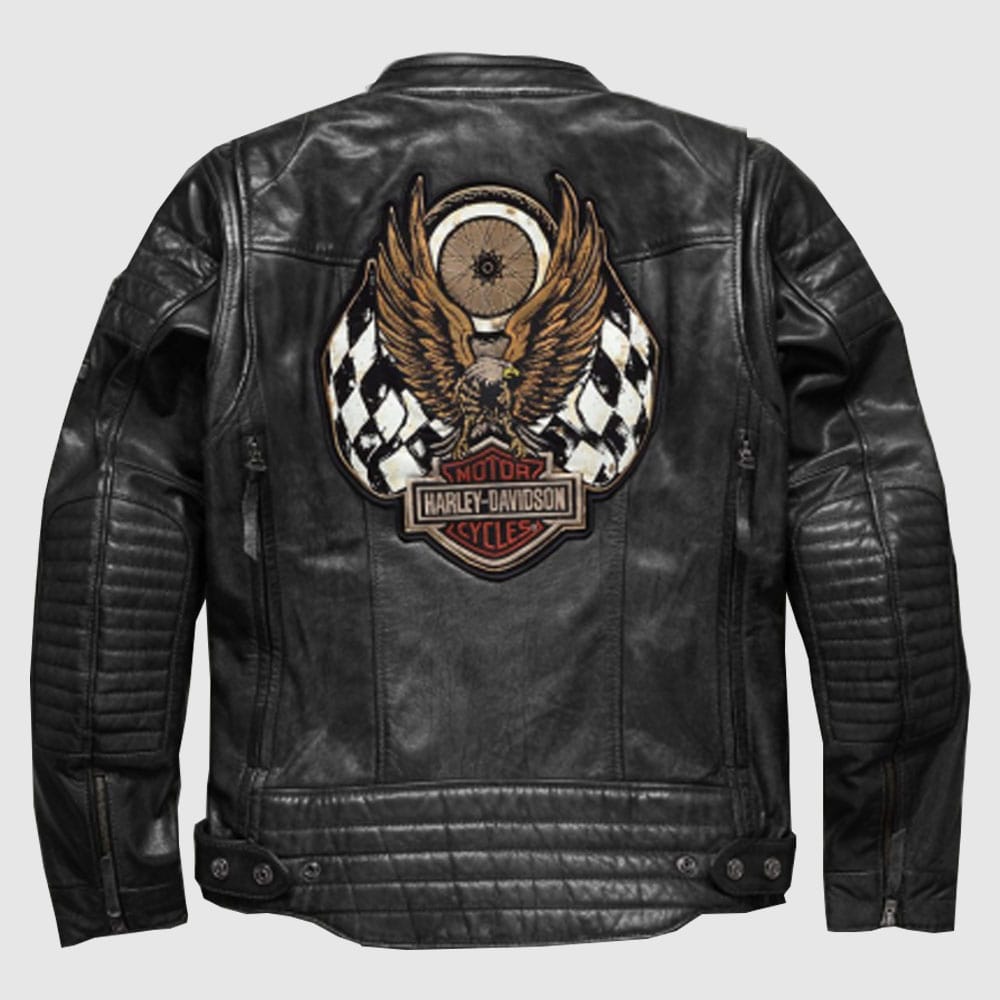 Men's Harley Davidson embroidery Eagle Design Natural Leather Jacket - Leather Loom