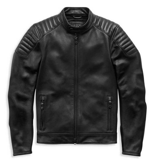 Men's Embossed Harley-Davidson Logo Padded Biker Leather Jacket In Black - Leather Loom