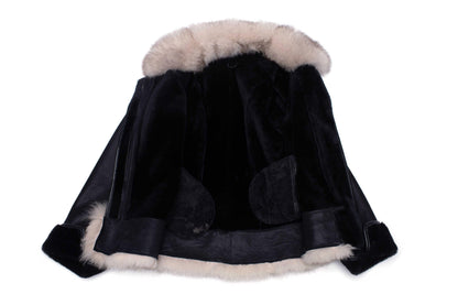 Black Shearling Sheepskin Jacket with Fox fur trim For Women - Leather Loom