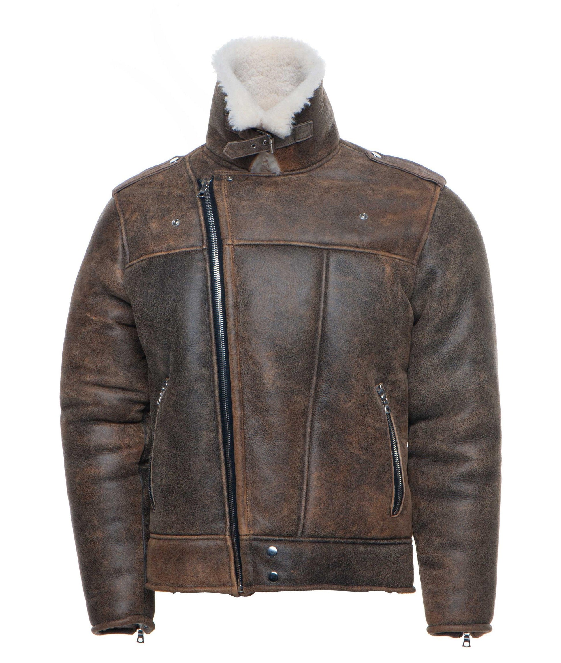Distressed Biker bomber shearling jacket with notch lapels - Leather Loom
