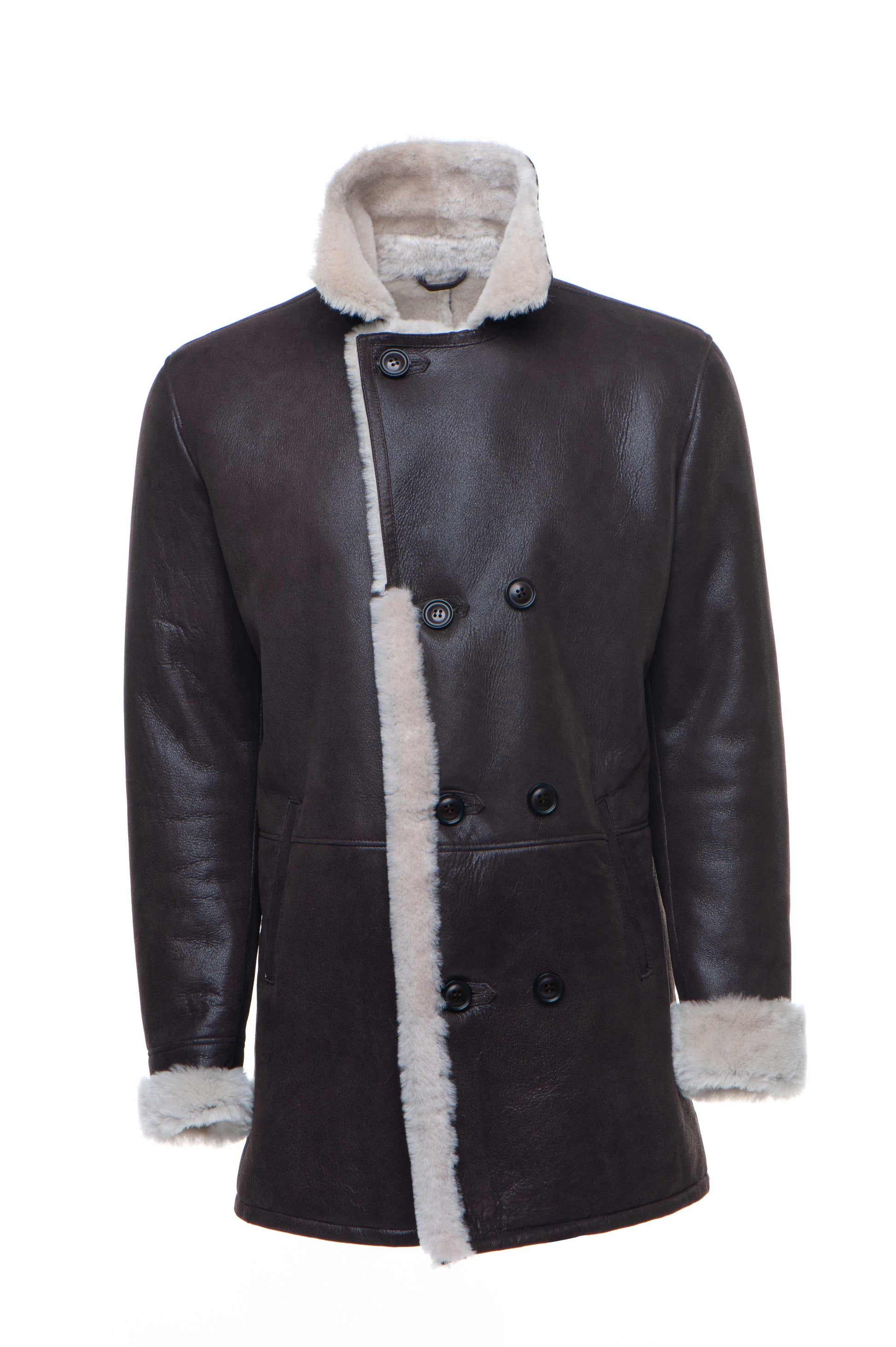 Jozef's 3/4 length brown shearling buttoned coat for Men - Leather Loom