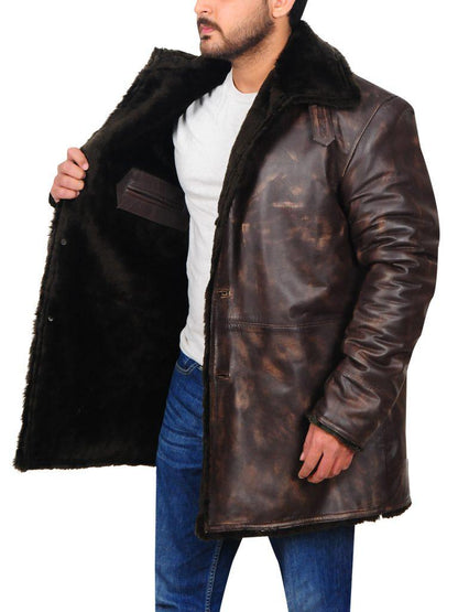 Men Distressed Brown Fur Collar Jacket - Leather Loom