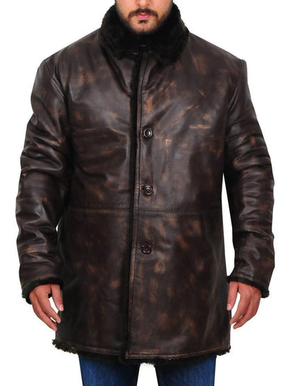 Men Distressed Brown Fur Collar Jacket - Leather Loom