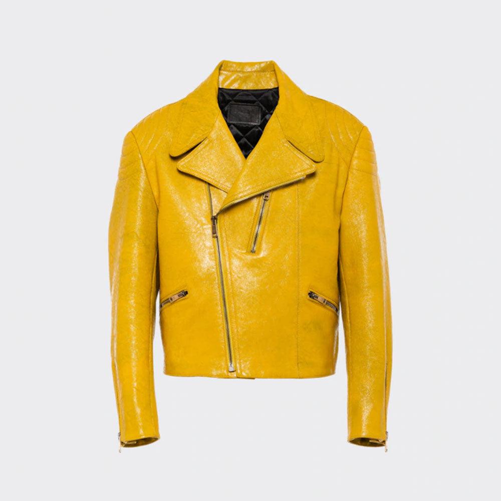 yellow women's cowhide leather biker jacket - Leather Loom