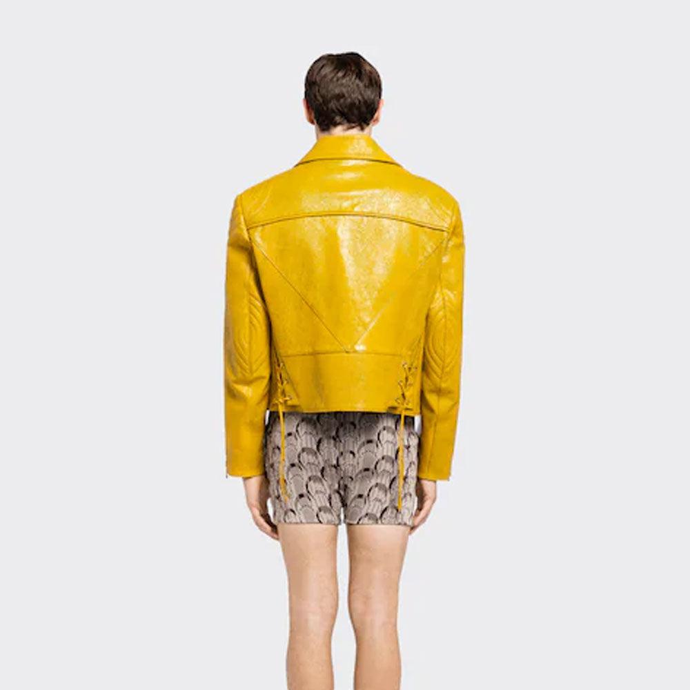 yellow women's cowhide leather biker jacket - Leather Loom