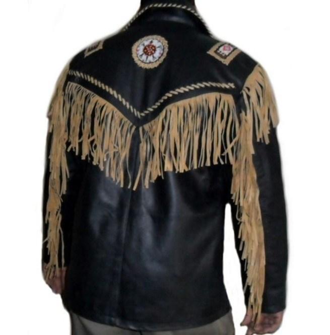Men's Leather Jacket Western Wear Cowboy Black Beige Fringe Jacket - Leather Loom