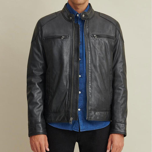 Men's Leather Biker Jacket with Shoulder Patches - Leather Loom