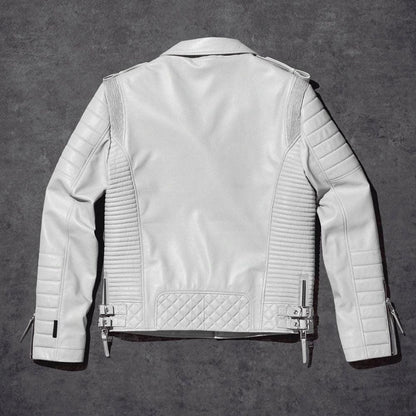 Men White Pearl Biker Leather Jacket - Leather Loom