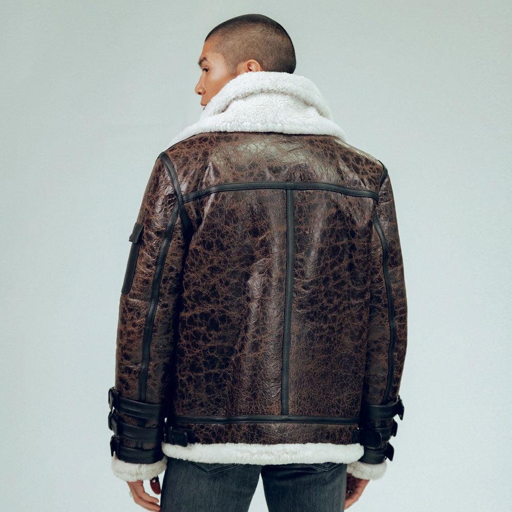 Double Tone Brown Shearling Aviator Leather Jacket - Leather Loom