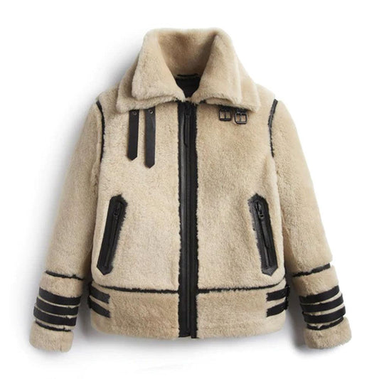 Off White Shearling Leather Jacket With Strips - Leather Loom