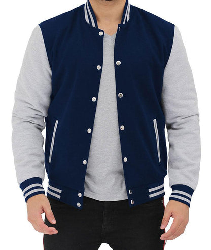 Mens Baseball Style Grey and Blue Varsity Jacket - Leather Loom