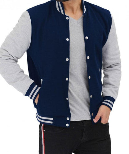 Mens Baseball Style Grey and Blue Varsity Jacket - Leather Loom