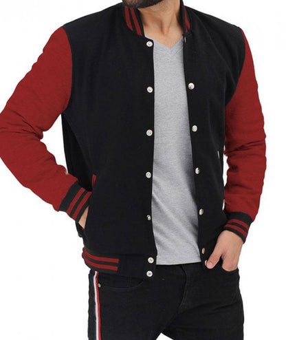 Mens Baseball Style Maroon and Black Varsity Jacket - Leather Loom