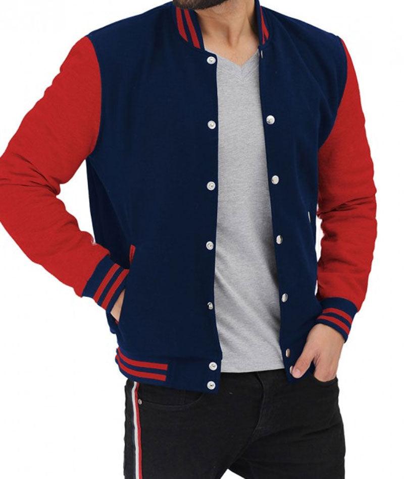 Mens Baseball Style Red and Blue Varsity Jacket - Leather Loom