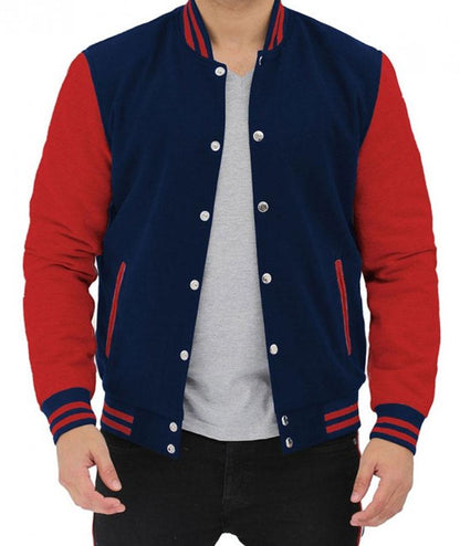 Mens Baseball Style Red and Blue Varsity Jacket - Leather Loom