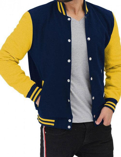 Navy Blue and Yellow Baseball Style Jacket - Leather Loom