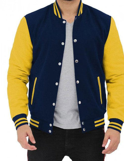 Navy Blue and Yellow Baseball Style Jacket - Leather Loom