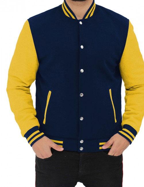 Navy Blue and Yellow Baseball Style Jacket - Leather Loom