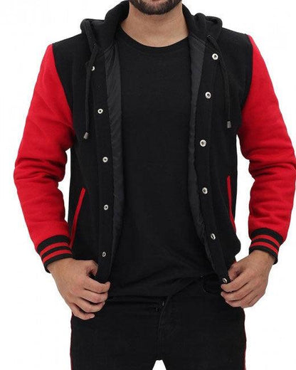 Salerno Baseball Hooded Red and Black Varsity Jacket - Leather Loom