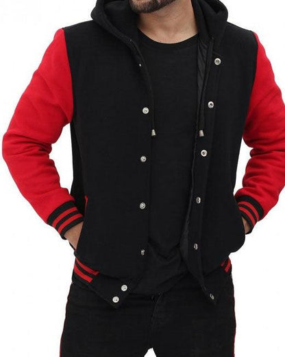 Salerno Baseball Hooded Red and Black Varsity Jacket - Leather Loom