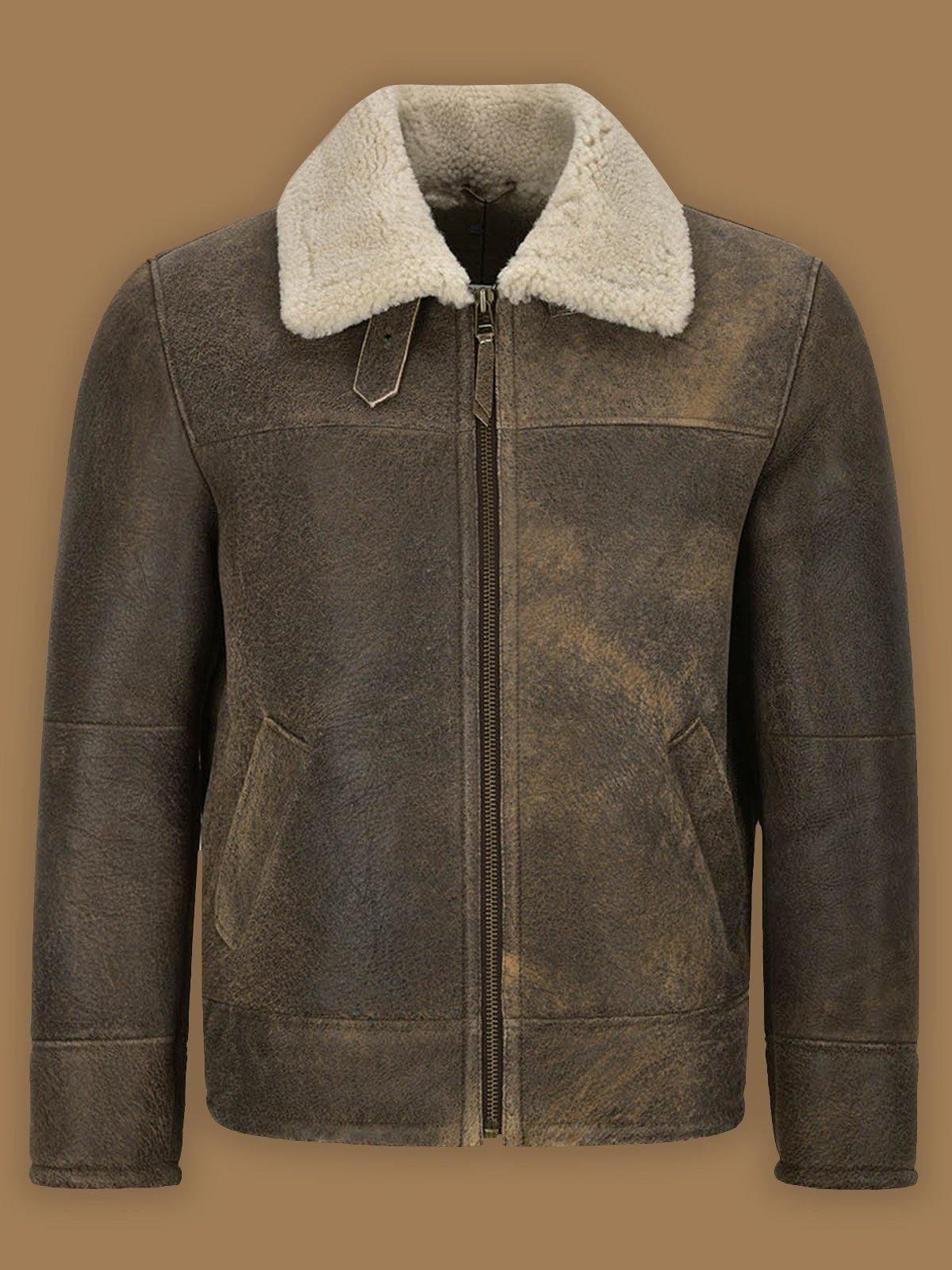 Men Old Fashion Brown Shearling Bomber Leather Jacket - Leather Loom