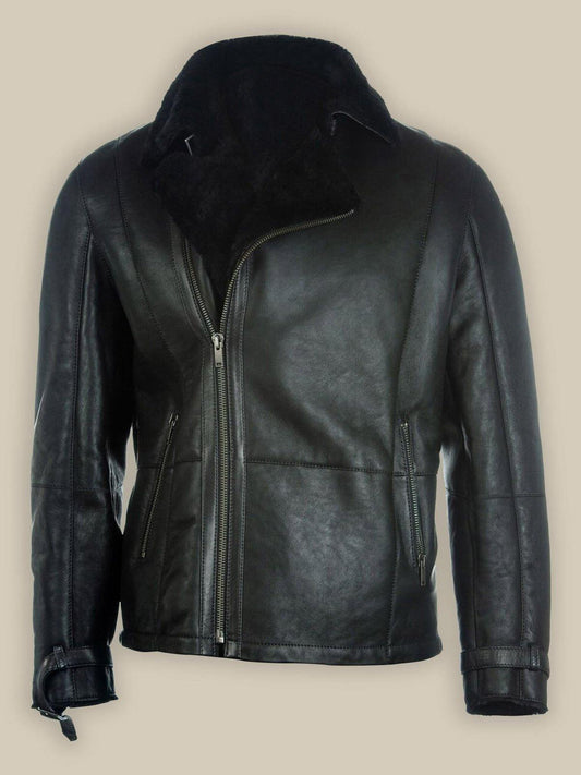 Men Pure Black B3 Shearling Bomber Leather Jacket - Leather Loom