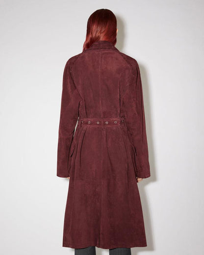 Maroon Suede Leather Long Duster Trench Coat - Leather Loom