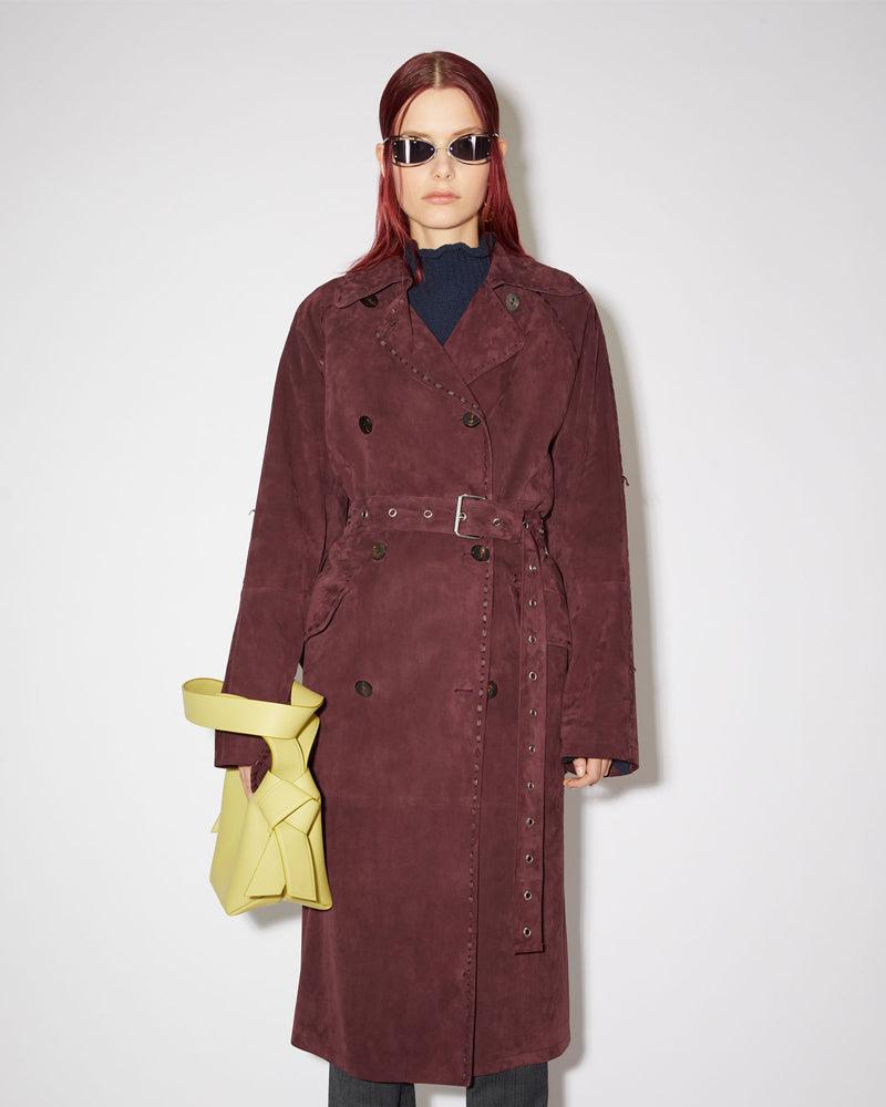 Maroon Suede Leather Long Duster Trench Coat - Embrace Timeless ...