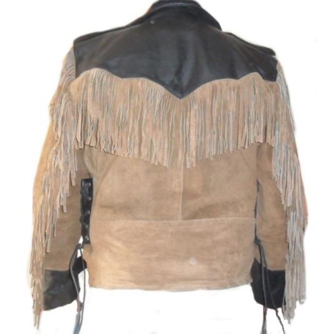 Men 1980's Cowboy Suede Leather Black Beige Jacket ,Cowboy Suede Fringe Jacket - Leather Loom