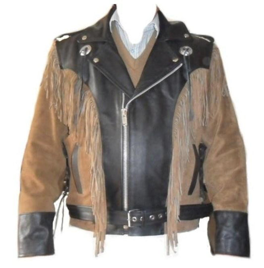 Men 1980's Cowboy Suede Leather Black Beige Jacket ,Cowboy Suede Fringe Jacket - Leather Loom