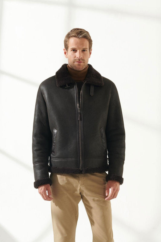 Aviator Brown Shearling Jacket For Men - Leather Loom