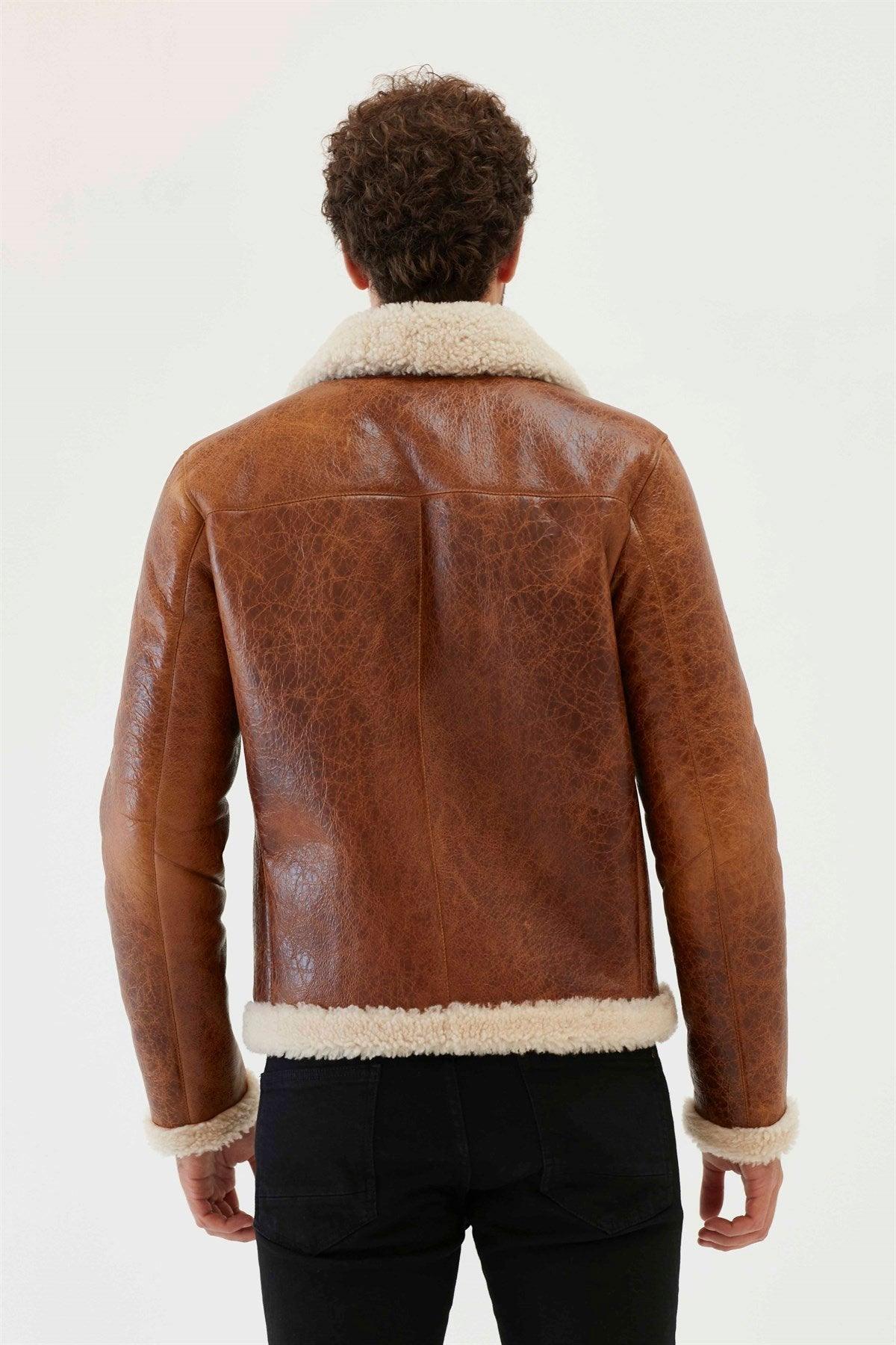 Aviator Tan & Off White Shearling Jacket For Men - Leather Loom