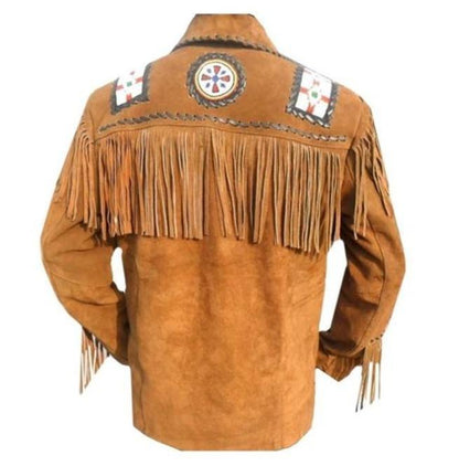 Men Brown Eagle Beads Western Cowboy Suede Leather Tan Jacket, Fringes Jacket - Leather Loom