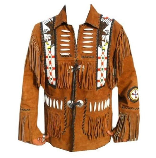 Men Brown Eagle Beads Western Cowboy Suede Leather Tan Jacket, Fringes Jacket - Leather Loom