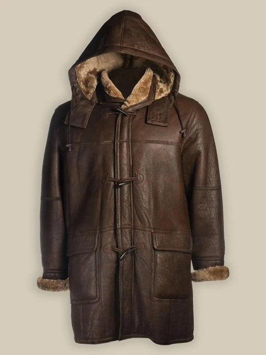 Men Brown Shearling Bomber Hoodie Coat - Leather Loom