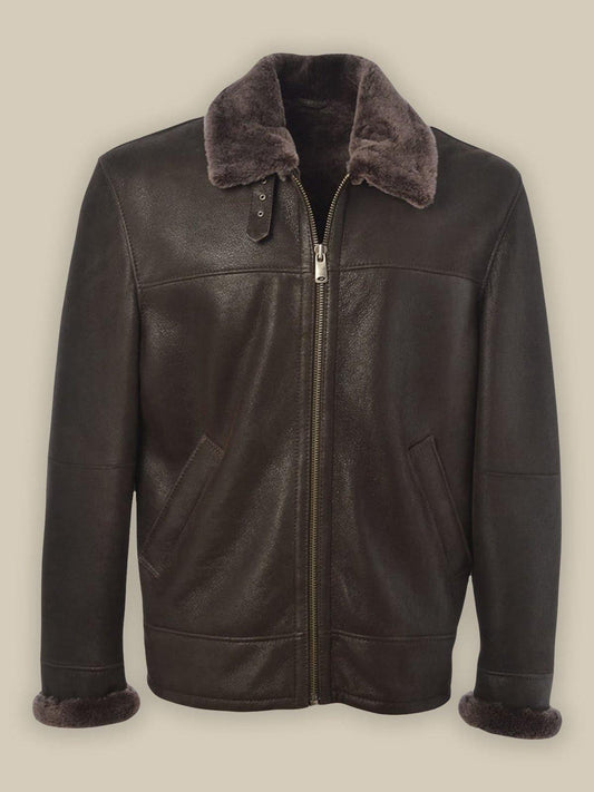 Men Brown Shearling Bomber Leather Jacket - Leather Loom