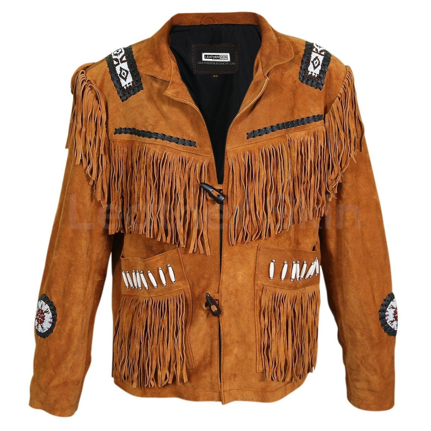 Men Brown Western Fringes with white beads decoration - Leather Loom