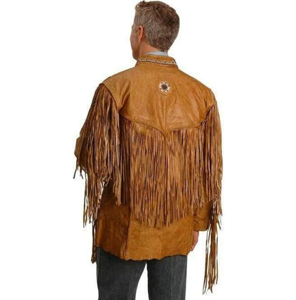 Men's Cowboy Style Tan Color Leather Jacket, Men's Western Style Fringe Leather Jacket - Leather Loom