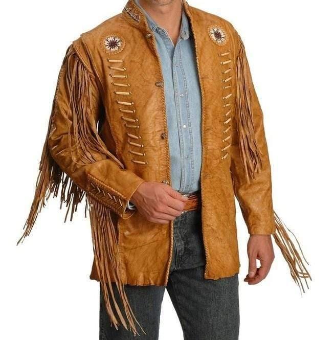 Men's Cowboy Style Tan Color Leather Jacket, Men's Western Style Fringe Leather Jacket - Leather Loom