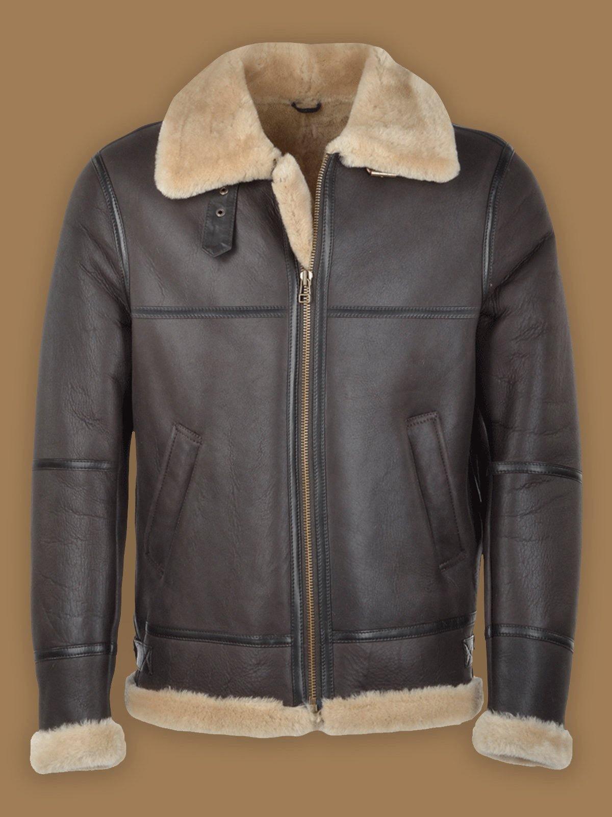Men Dark Brown RAF Shearling Bomber Leather Jacket - Leather Loom