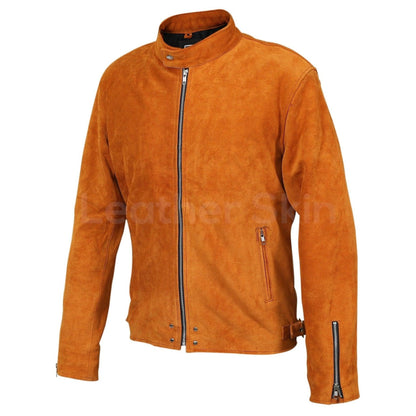 Men Tan Suede Leather Jacket with silver zippers - Leather Loom