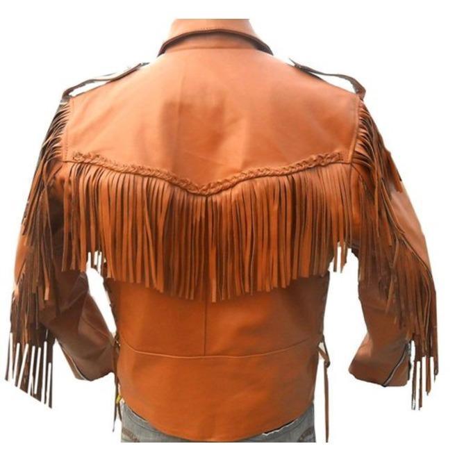 Men Tan Western Style Leather Jacket ,Cowboy Cowhide Leather Fringe Jacket - Leather Loom